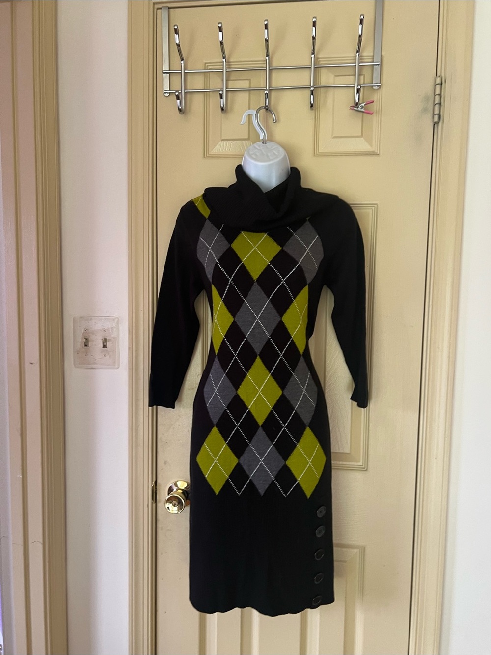 Studio One Black Cowl-Neck Argyle Sweater Dress with Olive and Gray Diamonds